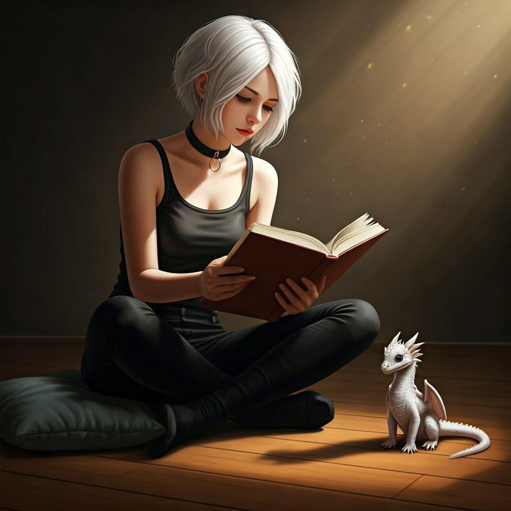 Woman Reading with Dragon in Cinematic Light