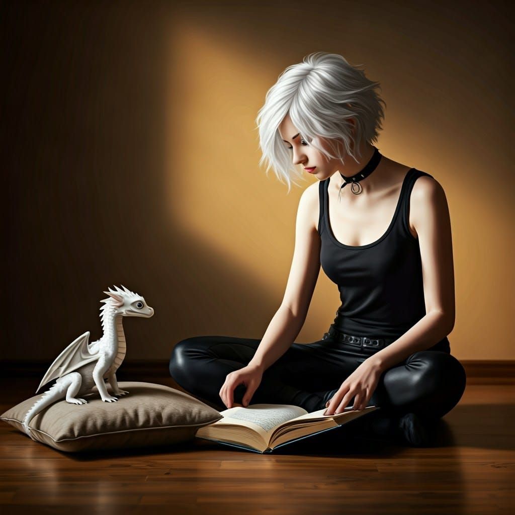 Woman Reading with Dragon in Fine Art Photography Style