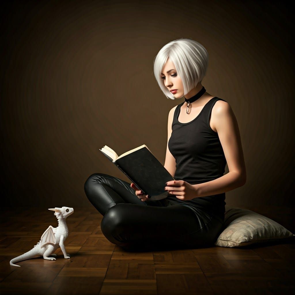 Girl Reading with Dragon in Cinematic Lighting