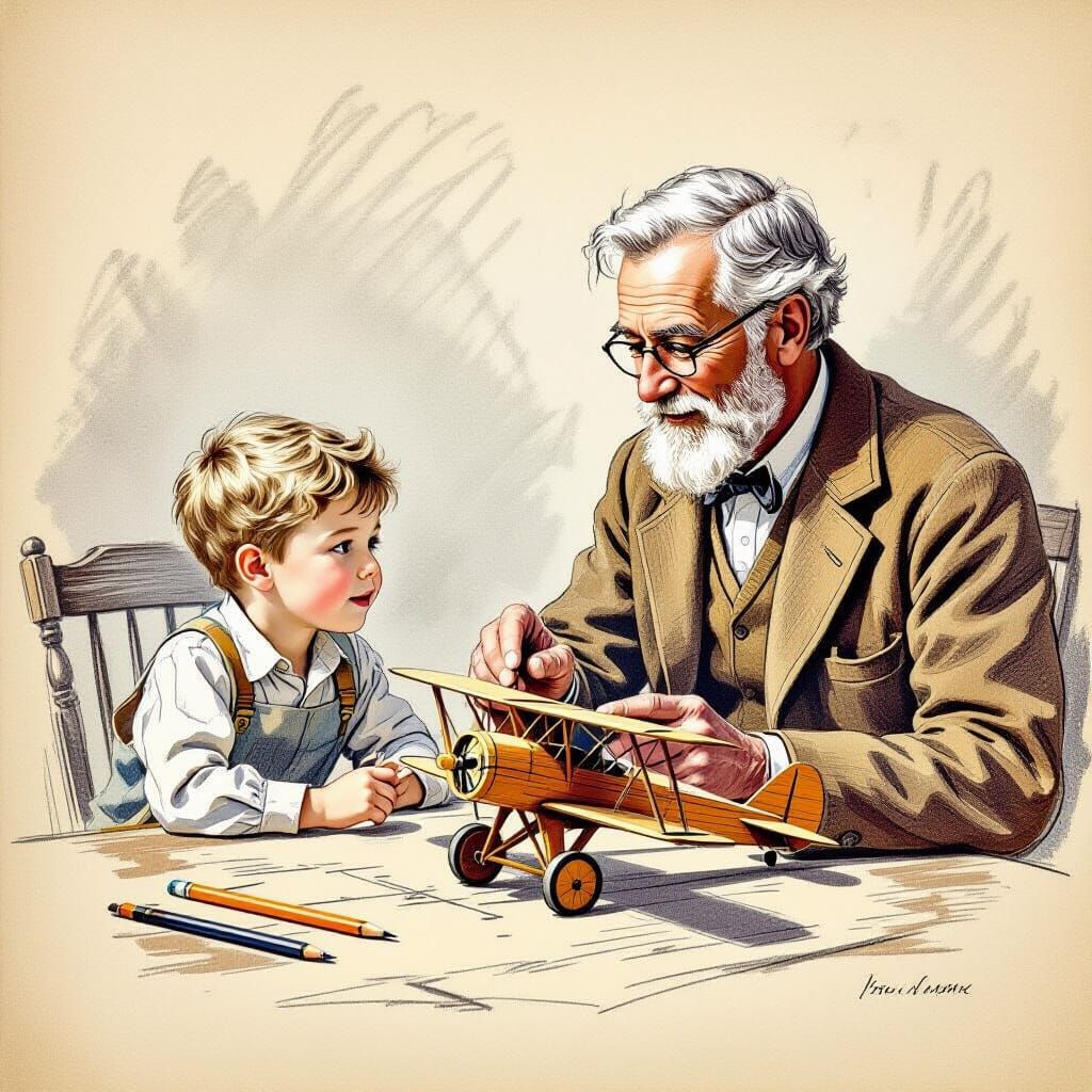 Sketch of Grandfather Teaching Son to Build Airplane