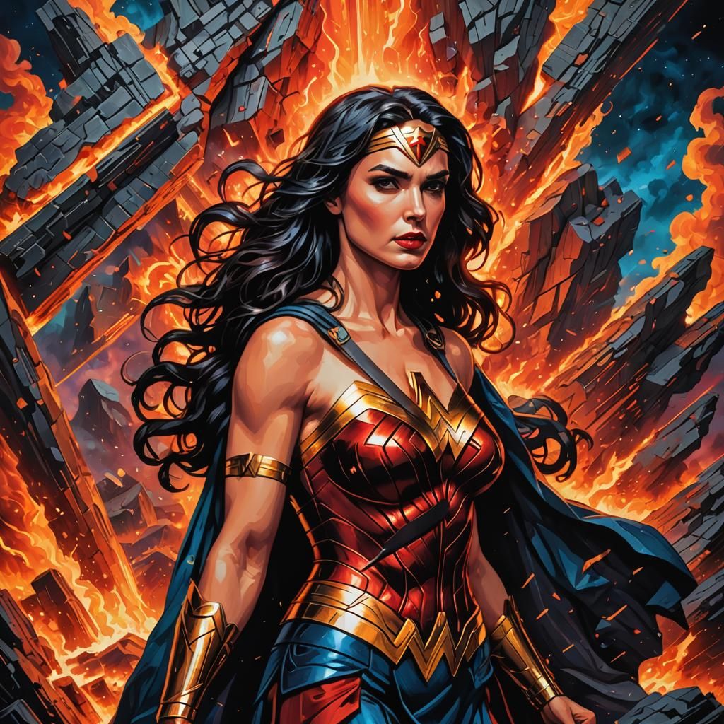Wonder Woman Cubism Portrait with Volcanic Backdrop