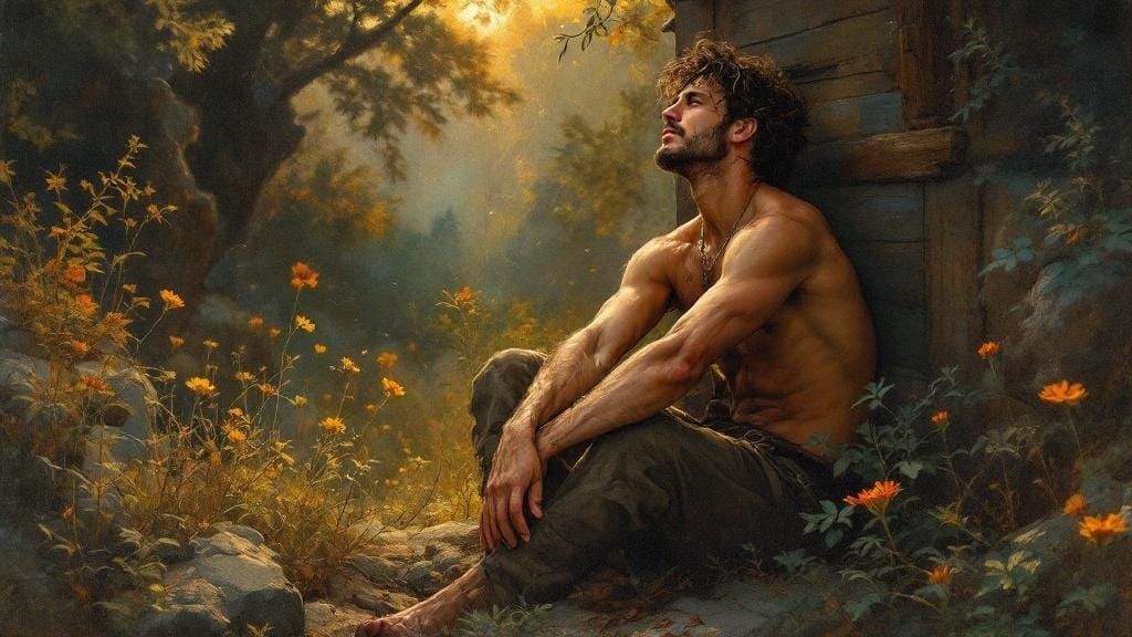 Mountain Man Basking in Sunlight: Alphonse Mucha Style