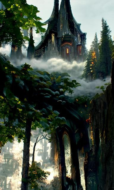 Ethereal Castle in Dark Misty Forest