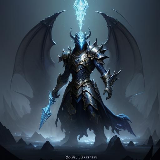 Silver Dragonborn in Sapphire Realm: Dark Fantasy Art