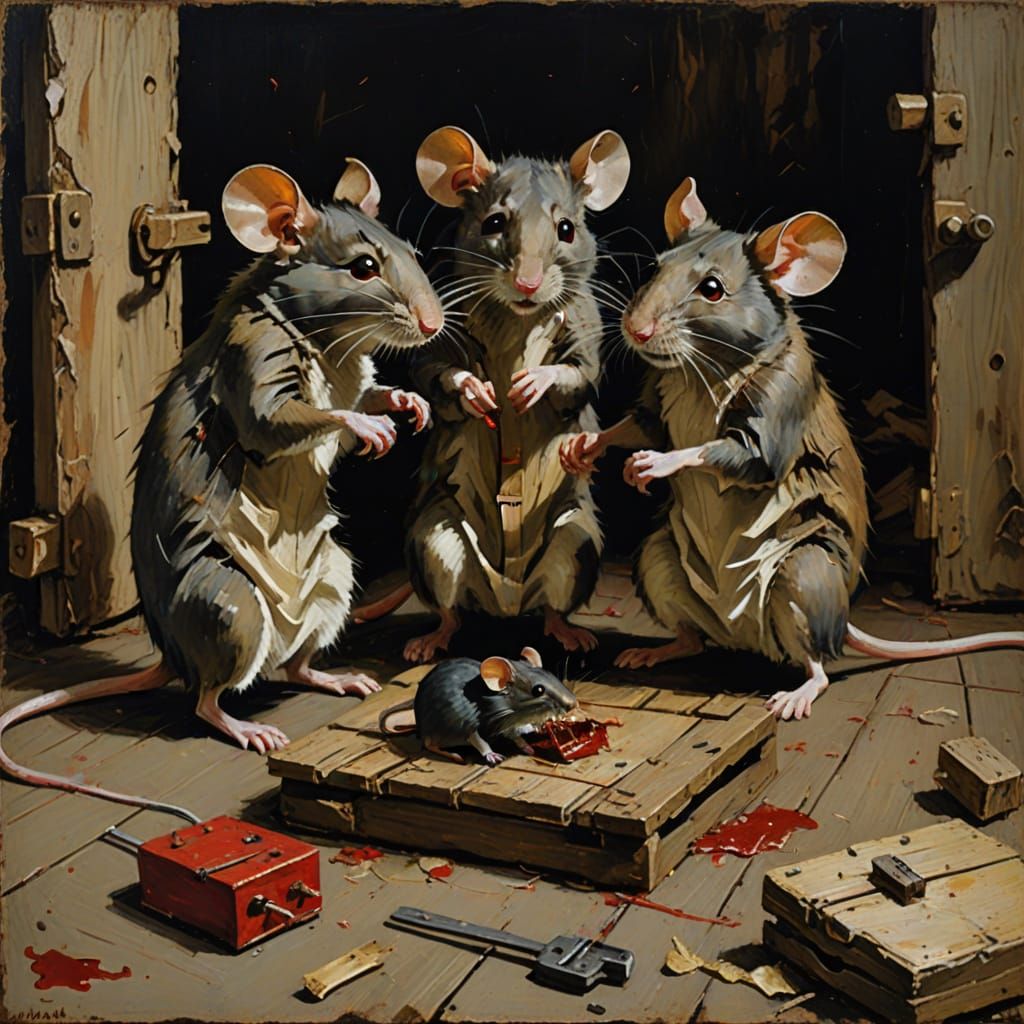 Mice Rescue Rat From Mousetrap in Expressive Oil Painting