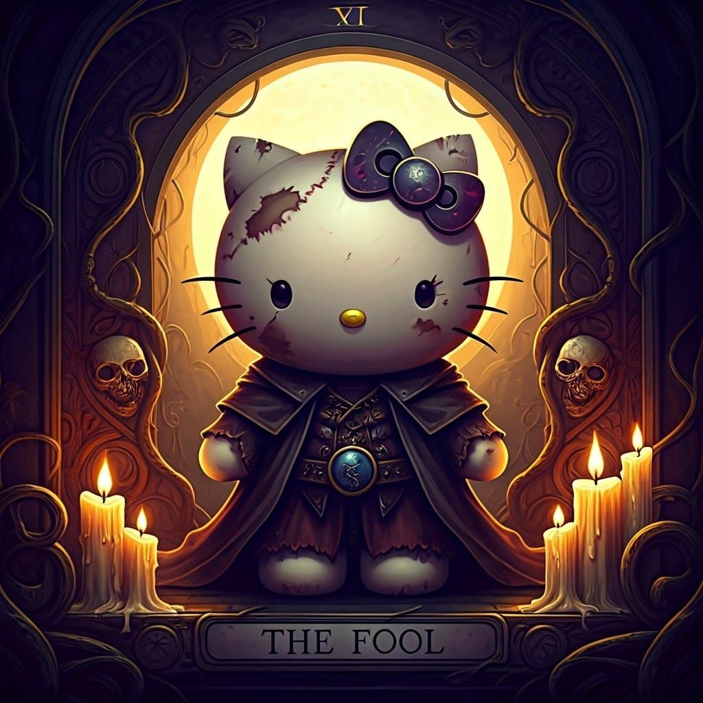 Hello Kitty tarot card, The Fool. Goth.
