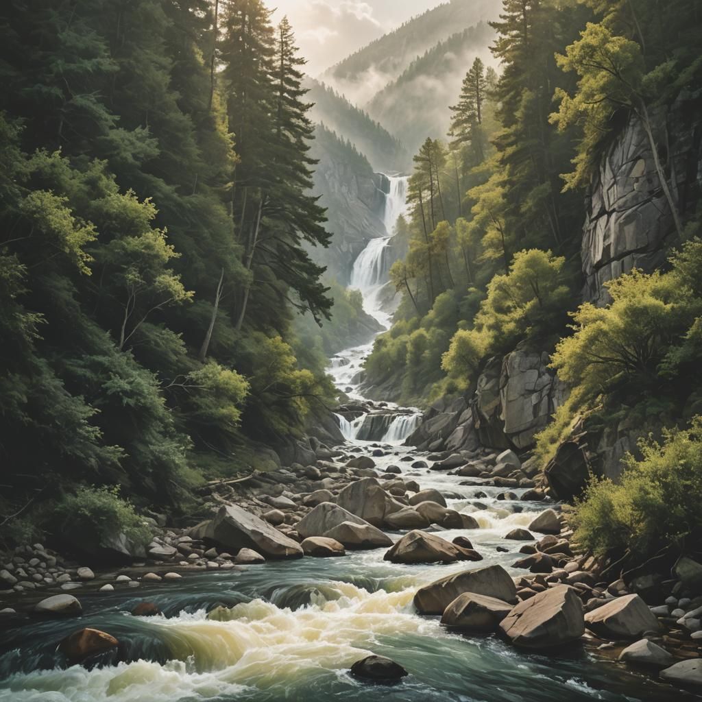 Epic River Journey at Dawn: Cinematic Film Still