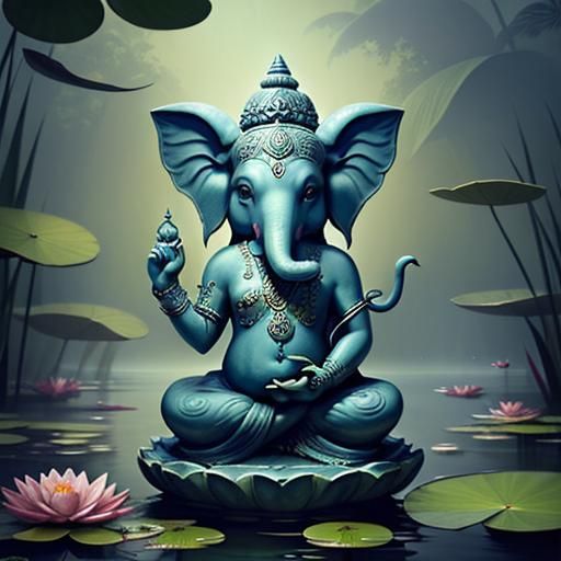 Psychedelic Baby Ganesha in Water Lily Pond