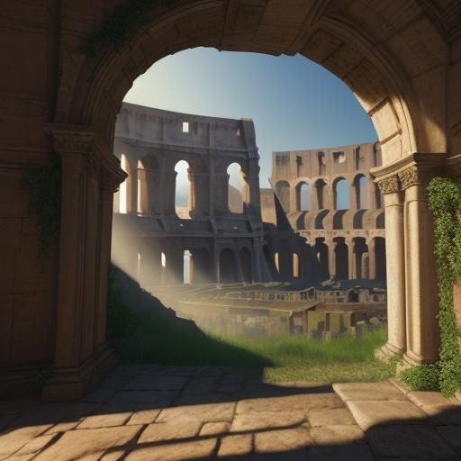 Colosseum Overrun with Vines in Dreamlike Oil Painting