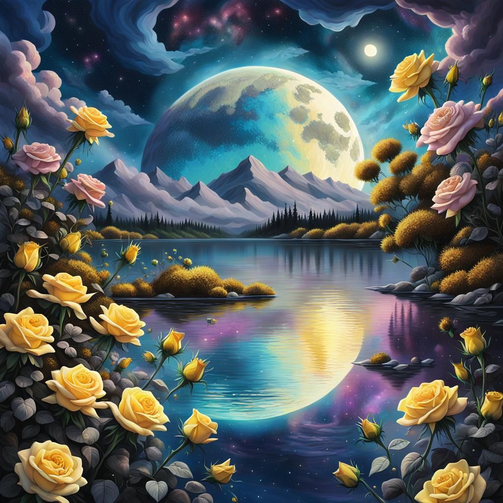 Glowing Lake Under Galaxy Sky in Surreal Style