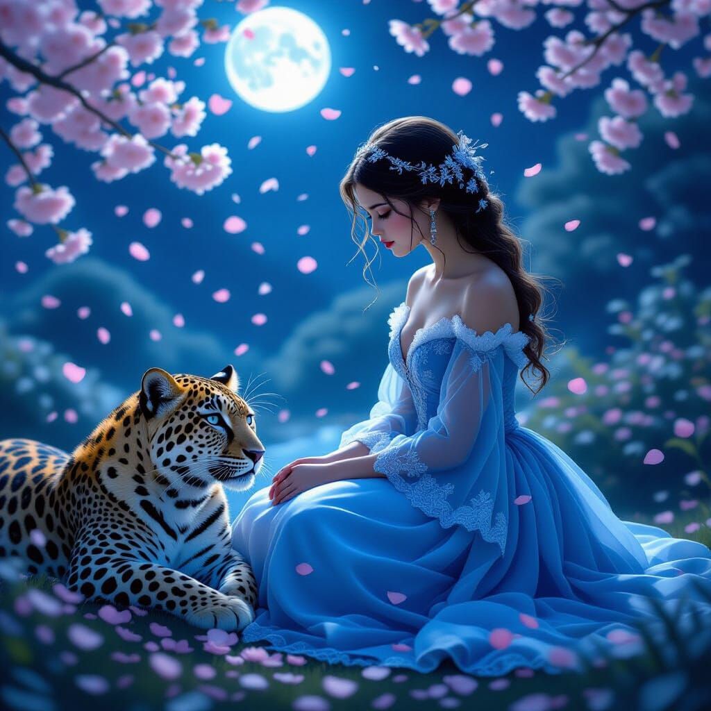 Moonlit Garden: Girl with Glowing Leopard