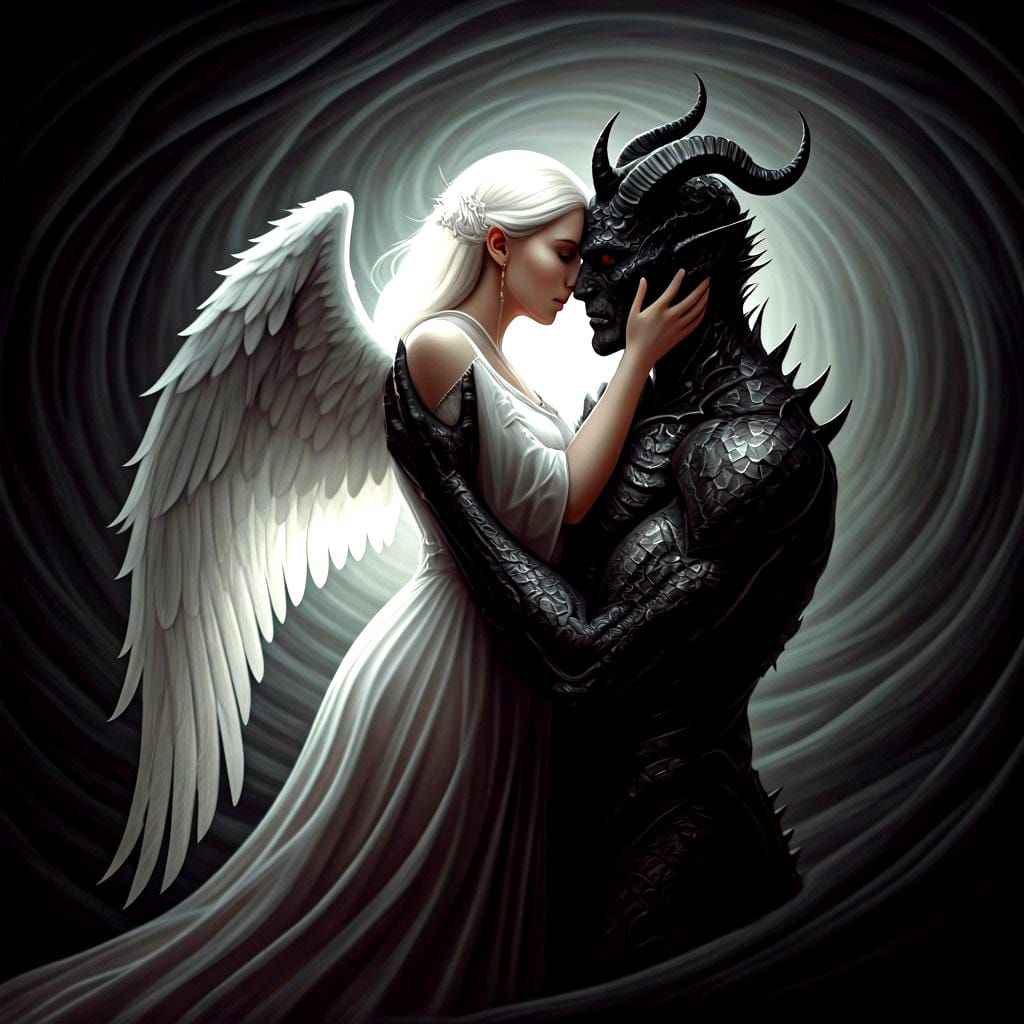 Angel and Demon Embrace: A Surreal Kiss