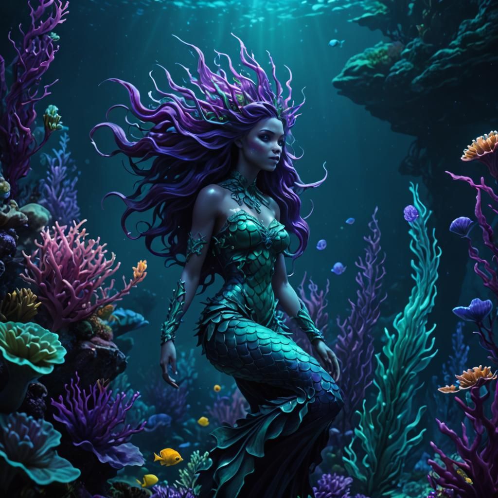 Deep Sea Mermaid in Teal and Purple Lighting