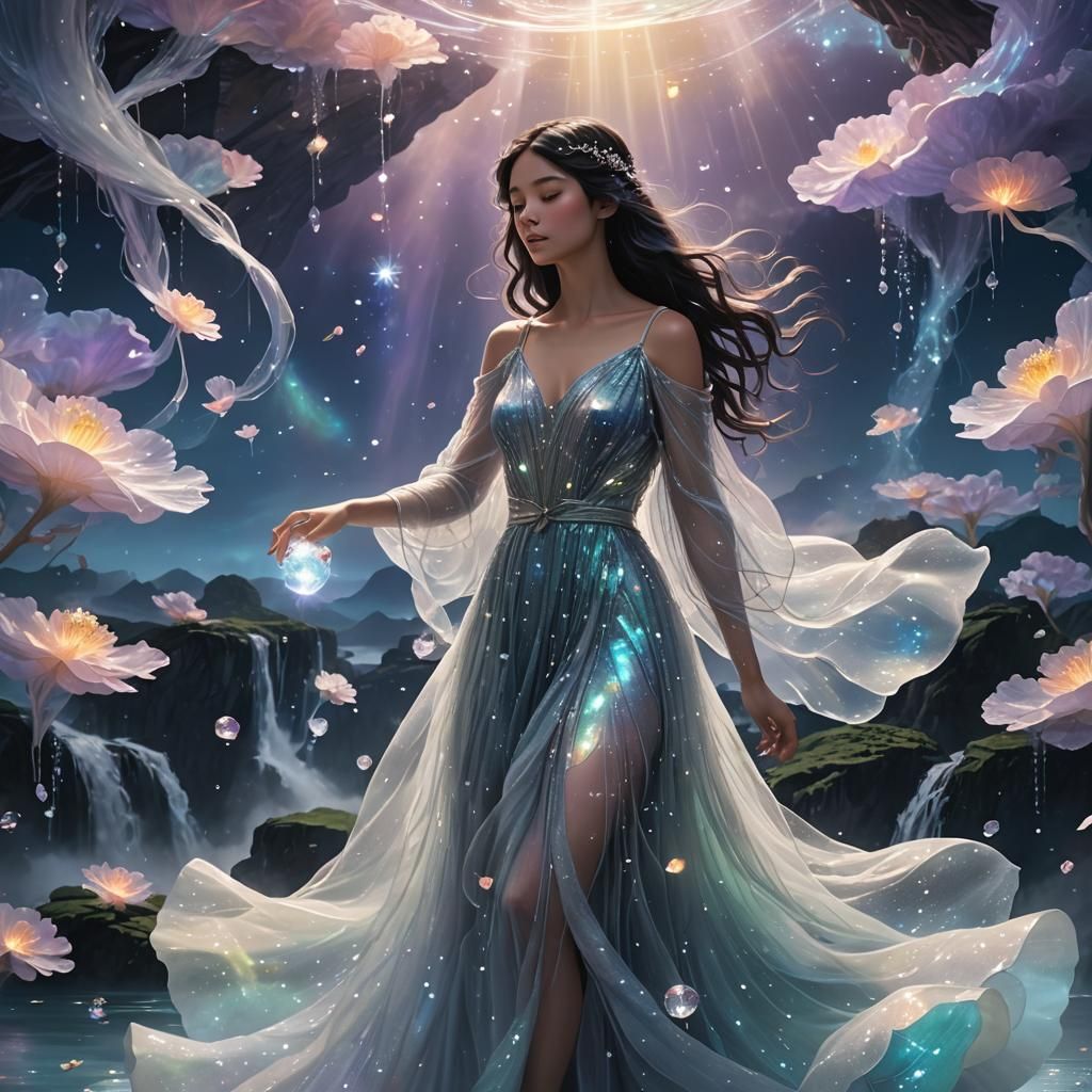 Girl in Cloud Dress Floating Above Islands