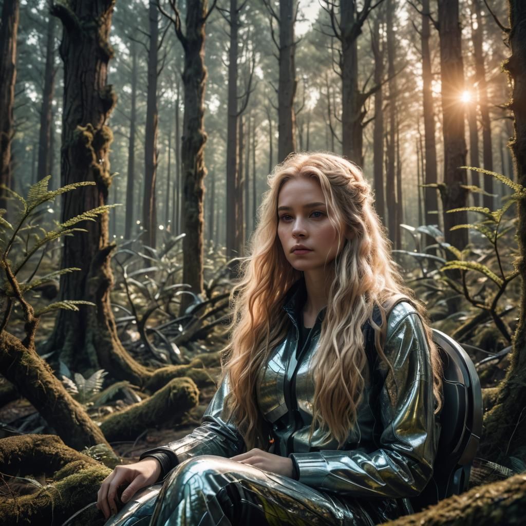 Girl in Glowing Futuristic Forest: Hyperrealistic HDR