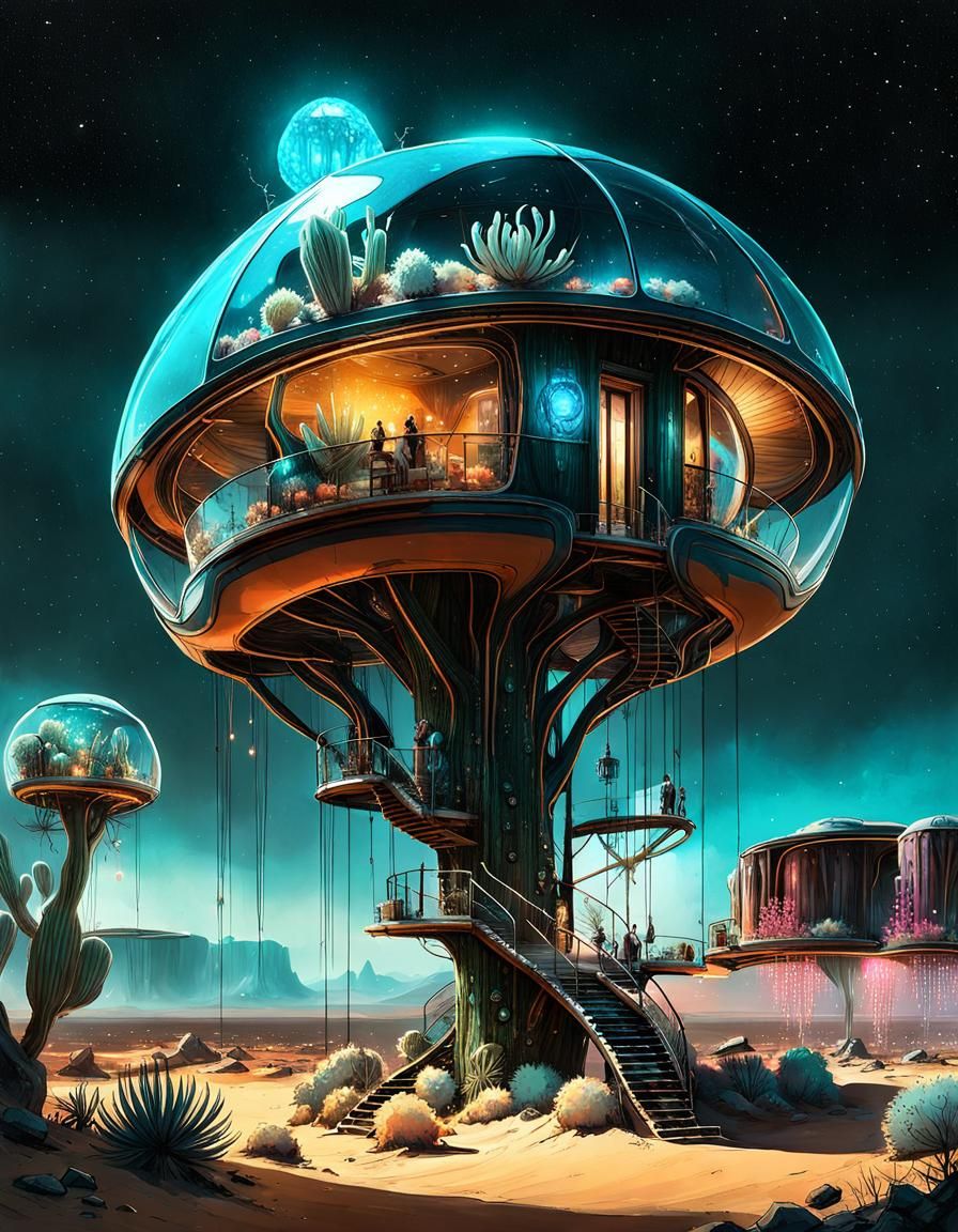 Bioluminescent Cactus Treehouse in a Cyberpunk Desert