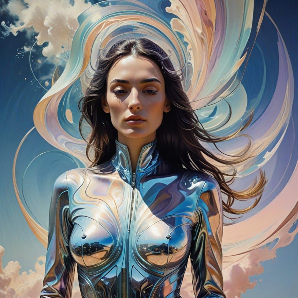 Emerging Woman from the Future in Abstract, Ink Style