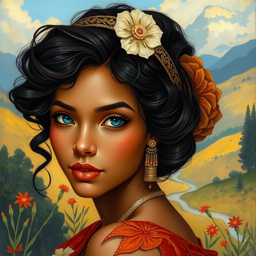 Dreamy Woman in Serene Landscape, Art Nouveau Style