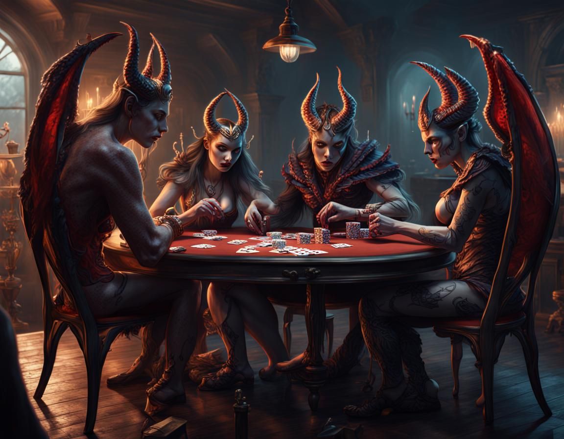 Demons Playing Poker with Human Females in Matte Painting