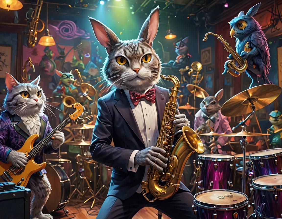 Animals Play Jazz in a Digital Painting of Vibrant Club