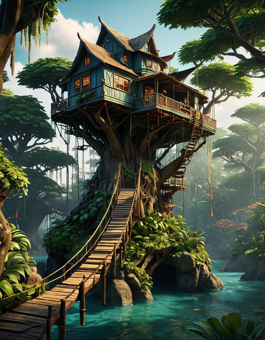 Tropical Island Treehouse: Detailed Matte Painting