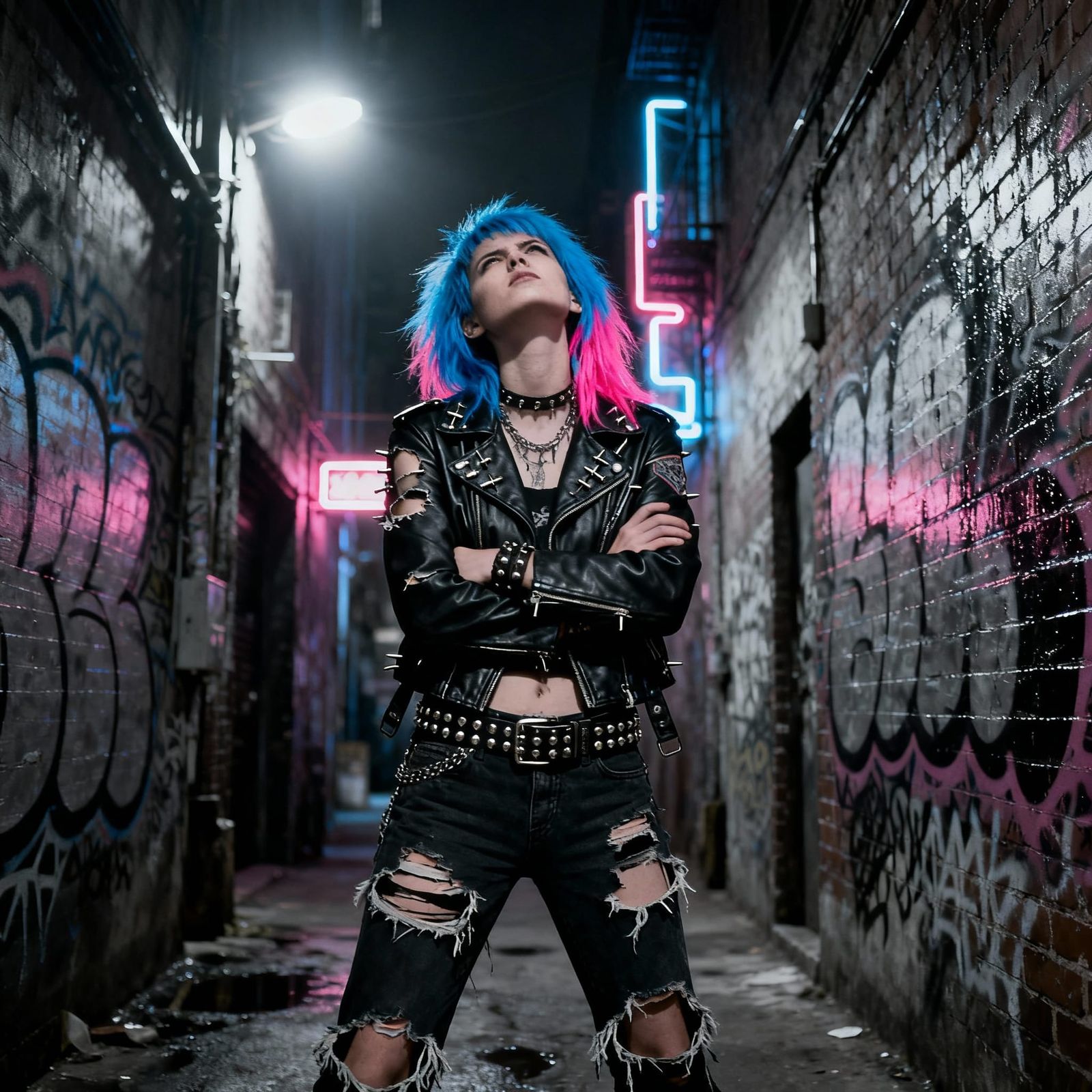 Punk Woman in Gritty Urban Neon Lights