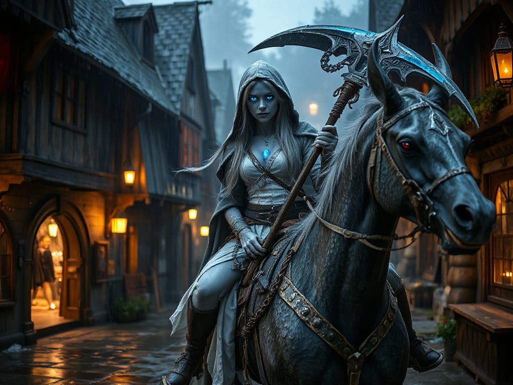 Ethereal Grim Reaper Maiden in Medieval Fantasy Village