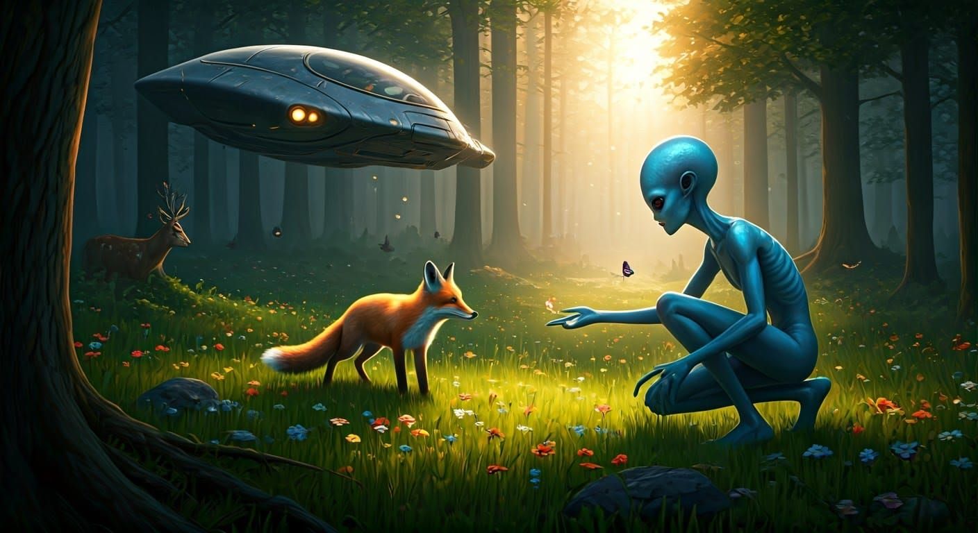 Peaceful Alien Encounter in Sunlit Meadow