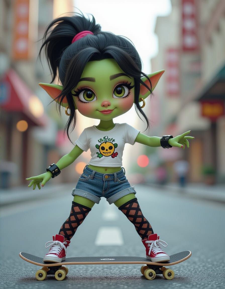Green Goblin Girl Skateboarder in Comic Book Style