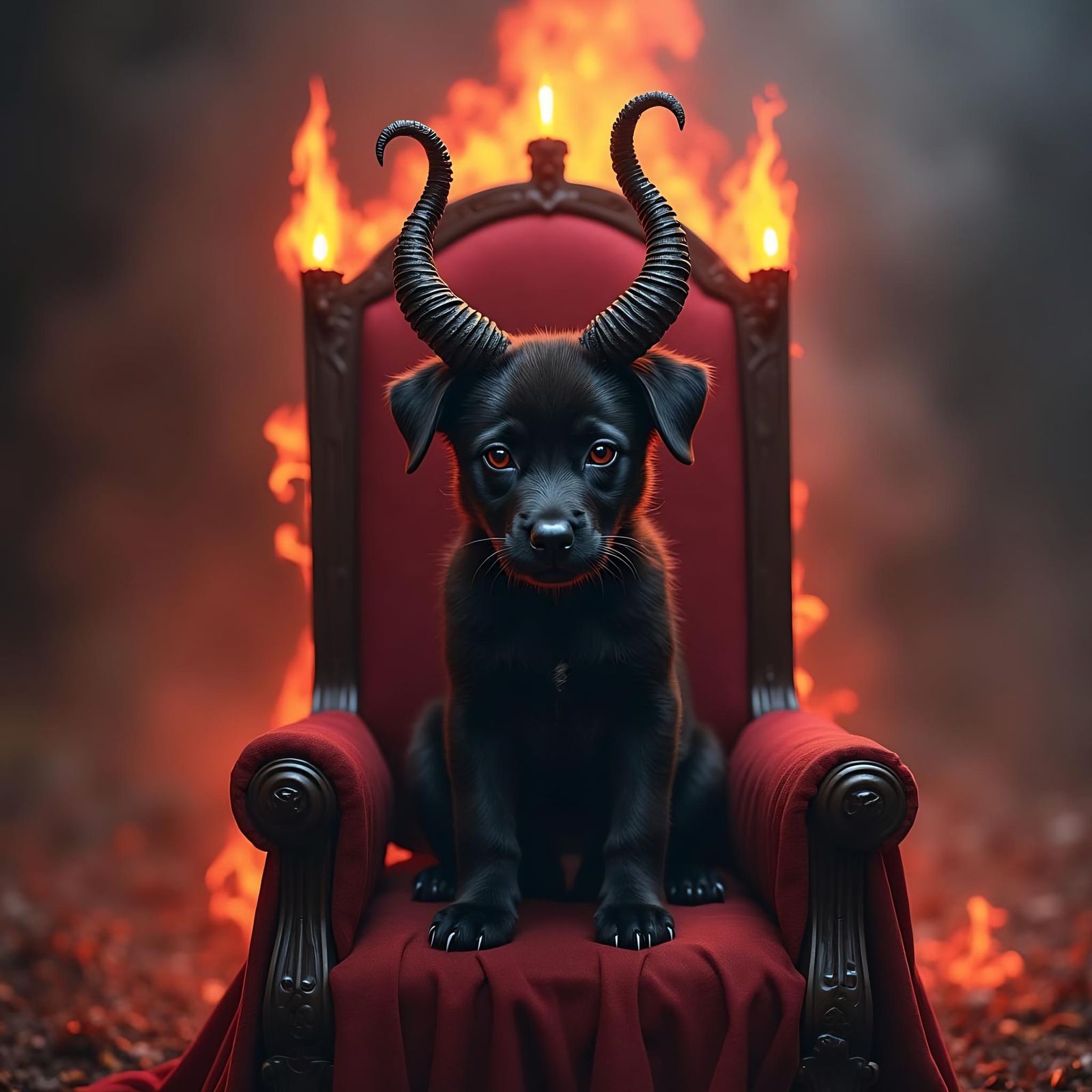 Dark Fantasy Underworld King Puppy on Satan Throne