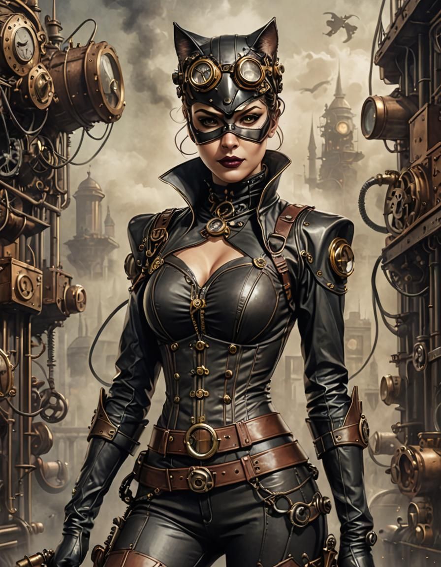 Steampunk Catwoman with Goggles and Leather