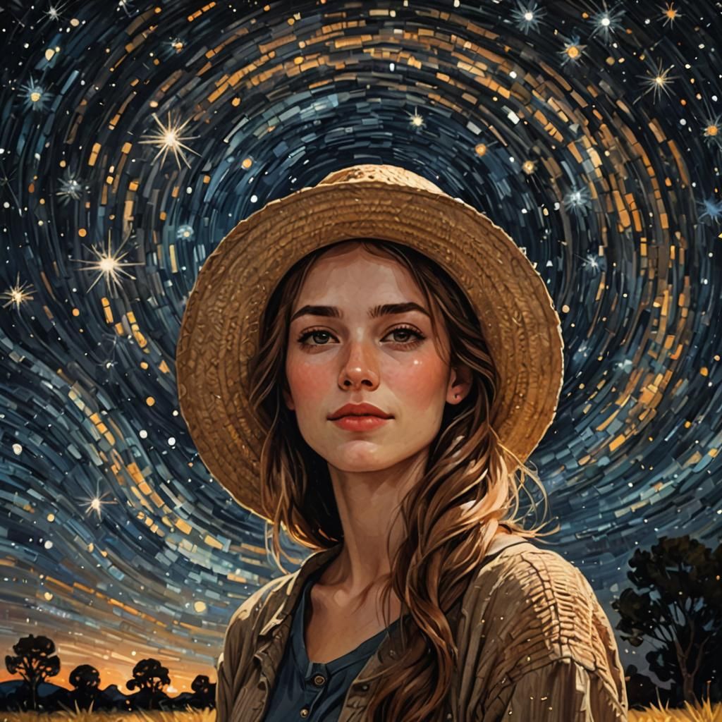 Woman with Straw Hat Under Starry Sky