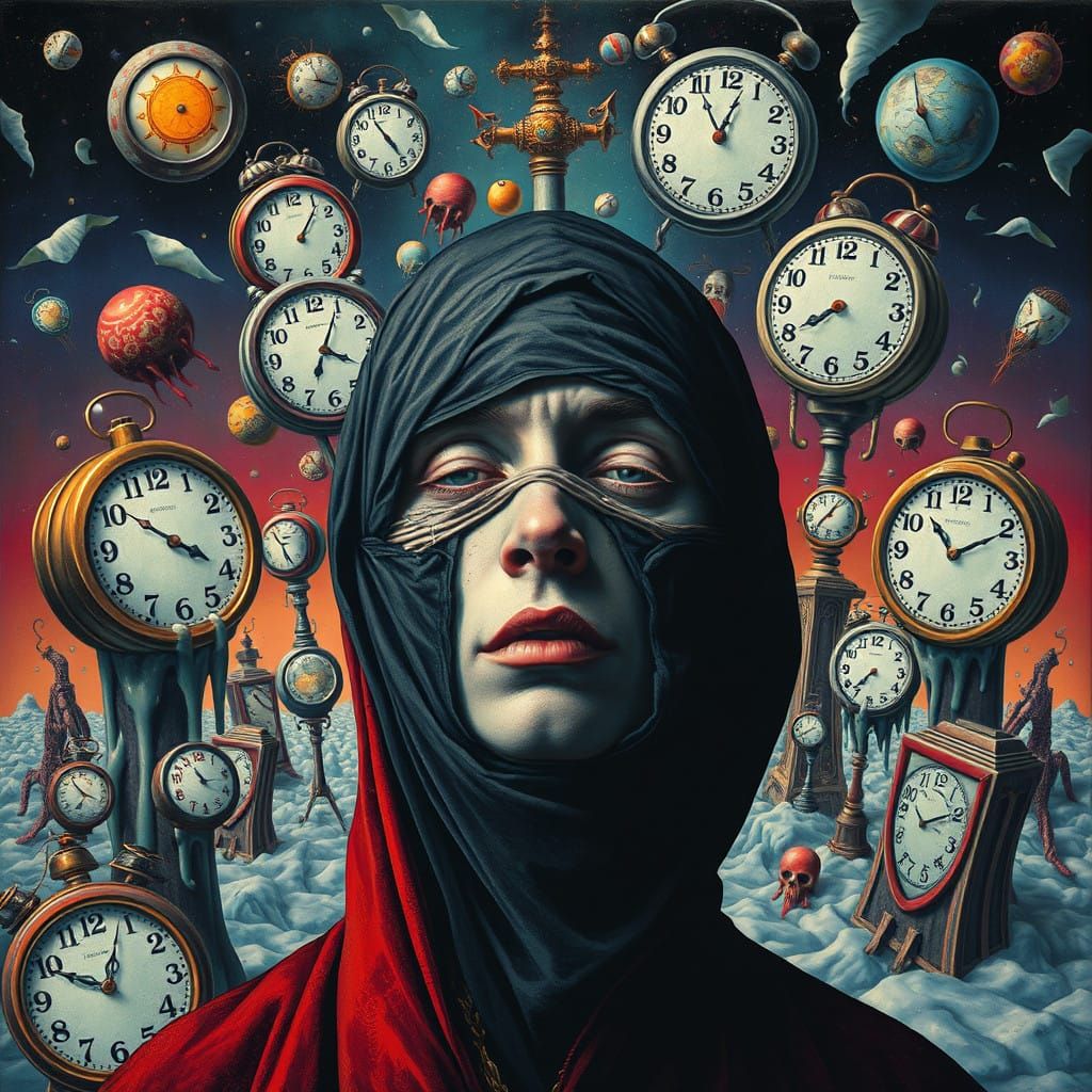 Surrealist Dreamscape with Shrouded Figure and Melting Clock...