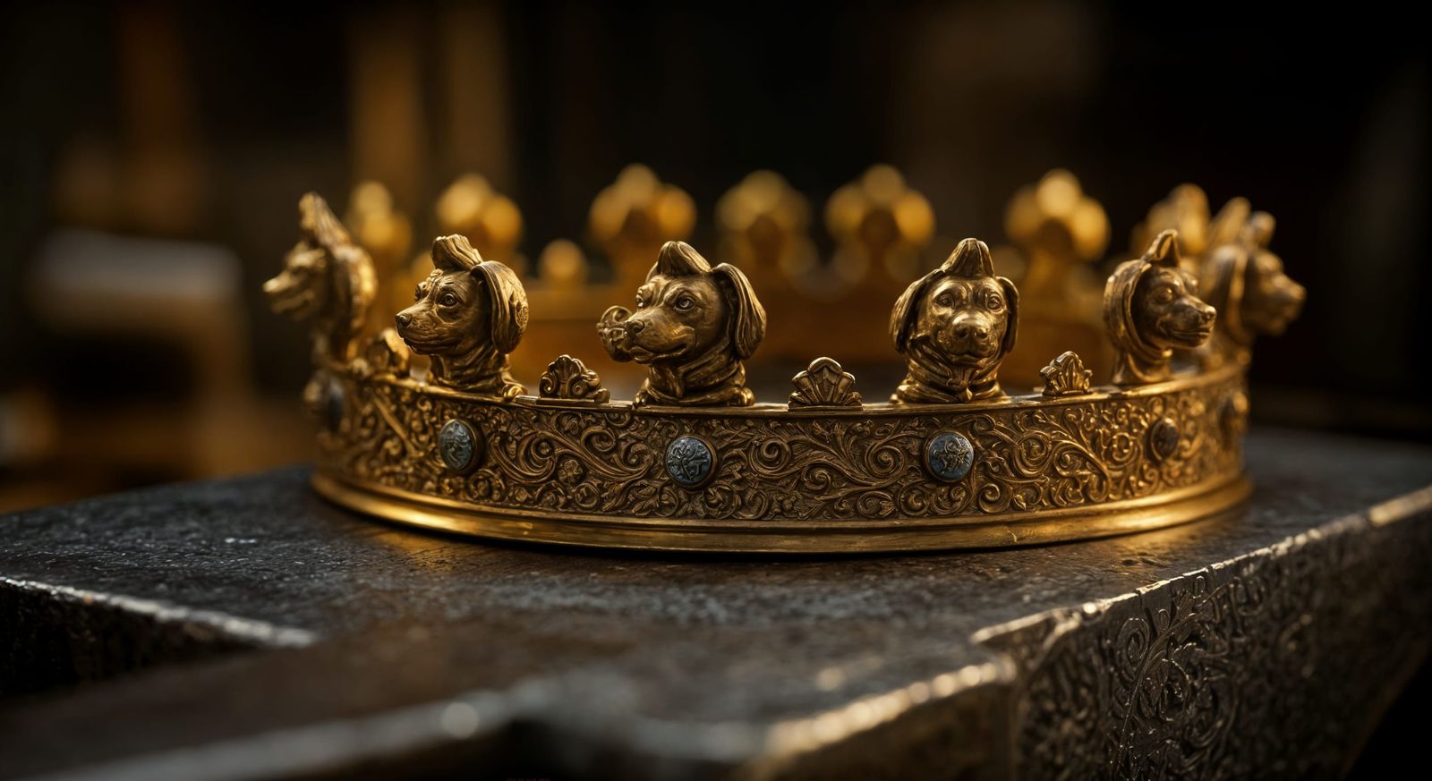 Ornate Golden Dog Crown on Blacksmith Table