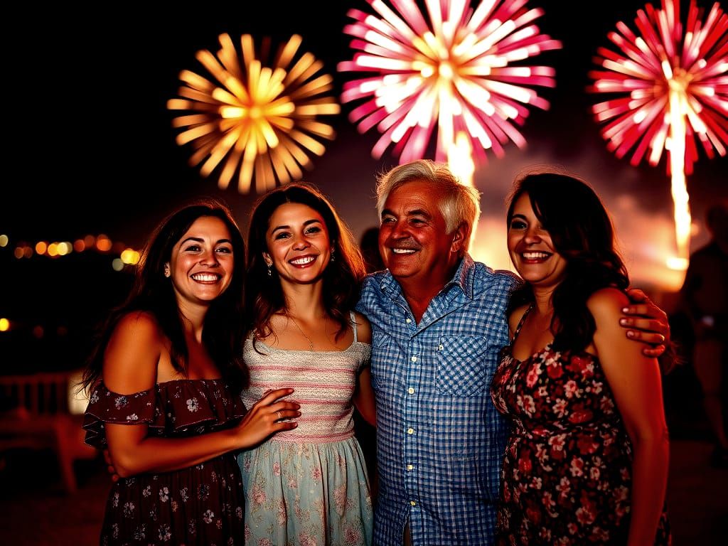 Family Celebrates with Fireworks at Night, Photorealistic