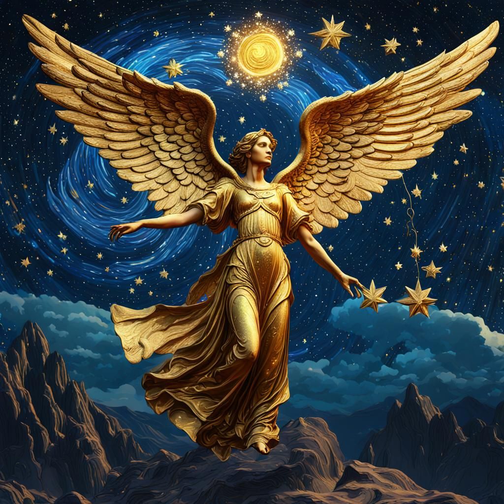 Golden Angel Creates Starry Night: Detailed Matte Painting