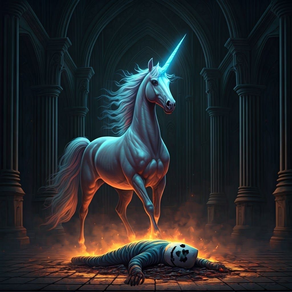 Victorious Unicorn in Gothic Landscape