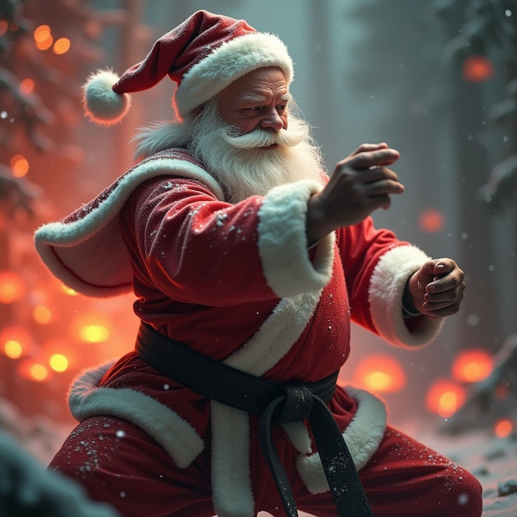 Santa Claus Practices Jujitsu in Mystical Forest