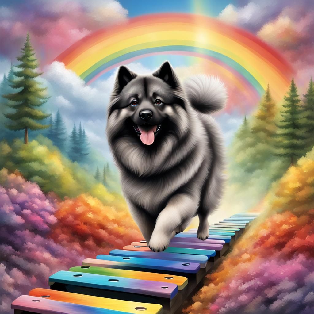 Keeshond on Rainbow Xylophone Path in Clouds