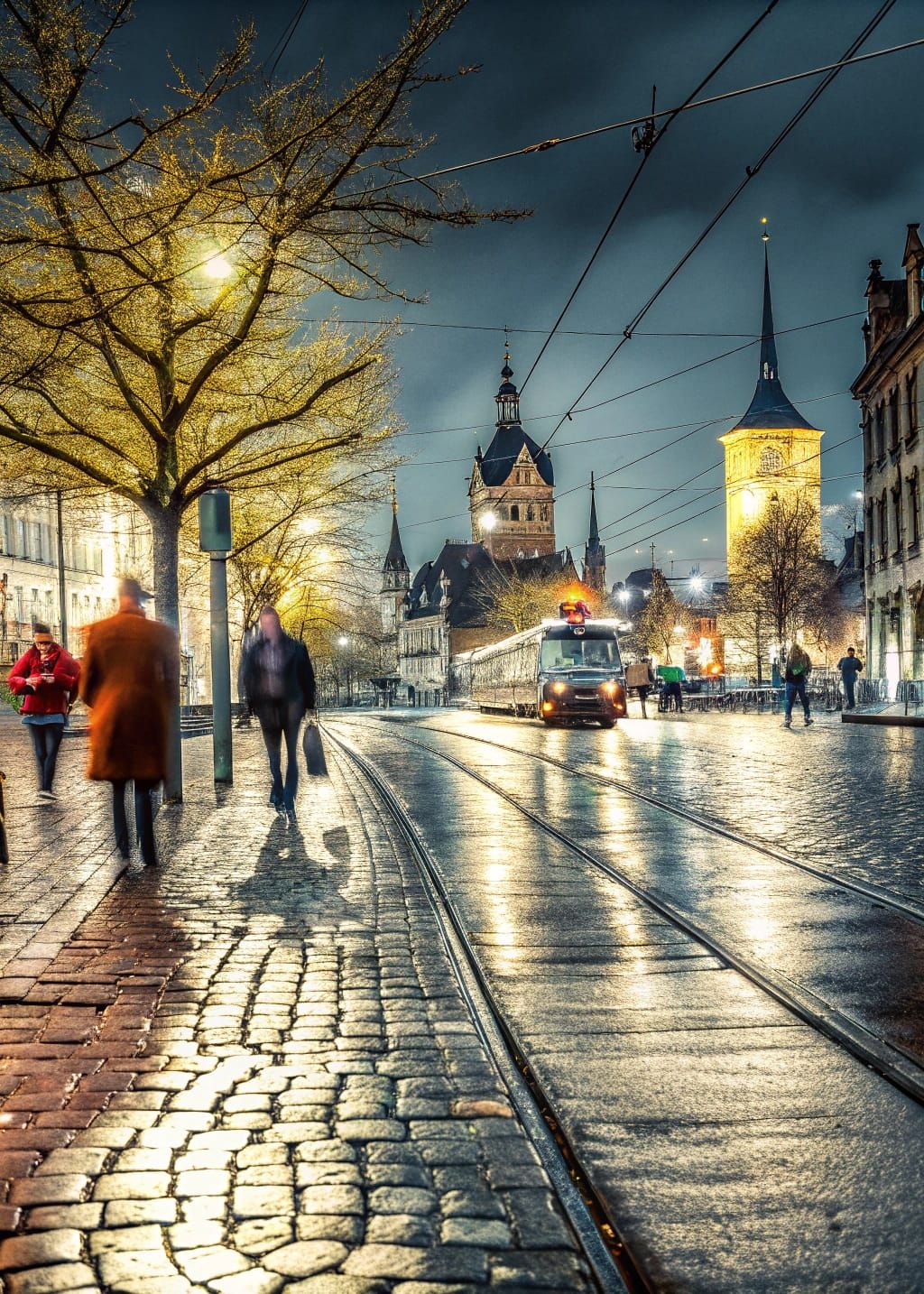 Bustling City Street at Night with Vintage Charm