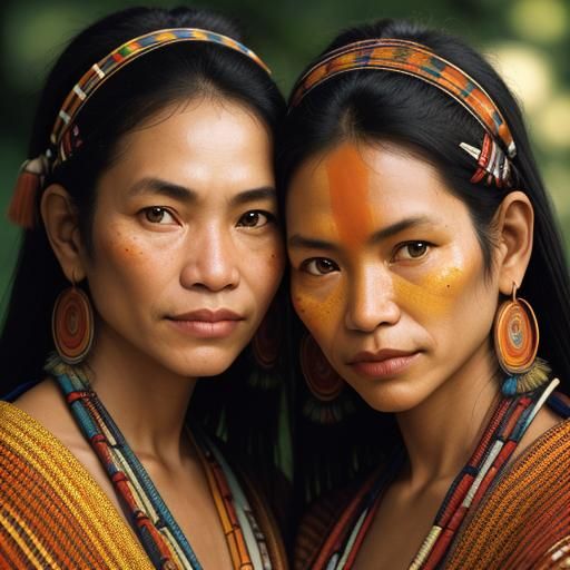 Yanomami Sisters Portrait in Traditional Dress