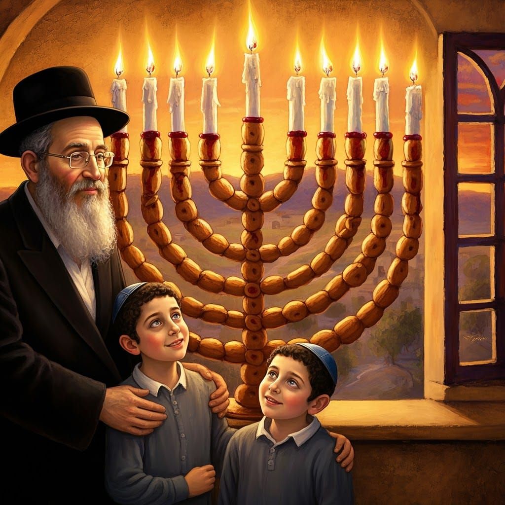 Hanukkah Menorah Made from Thousands of Golden-Brown Donuts....