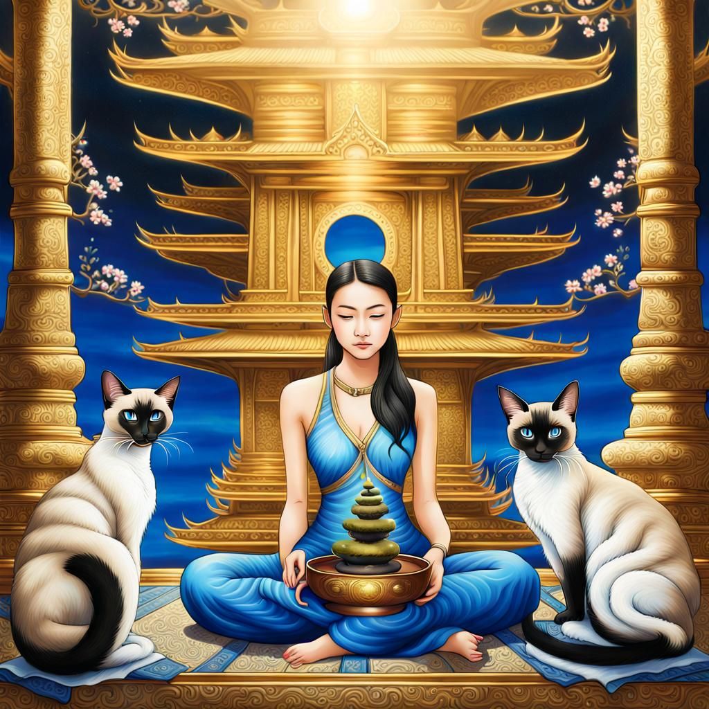 Thai Woman Meditating with Siamese Cats