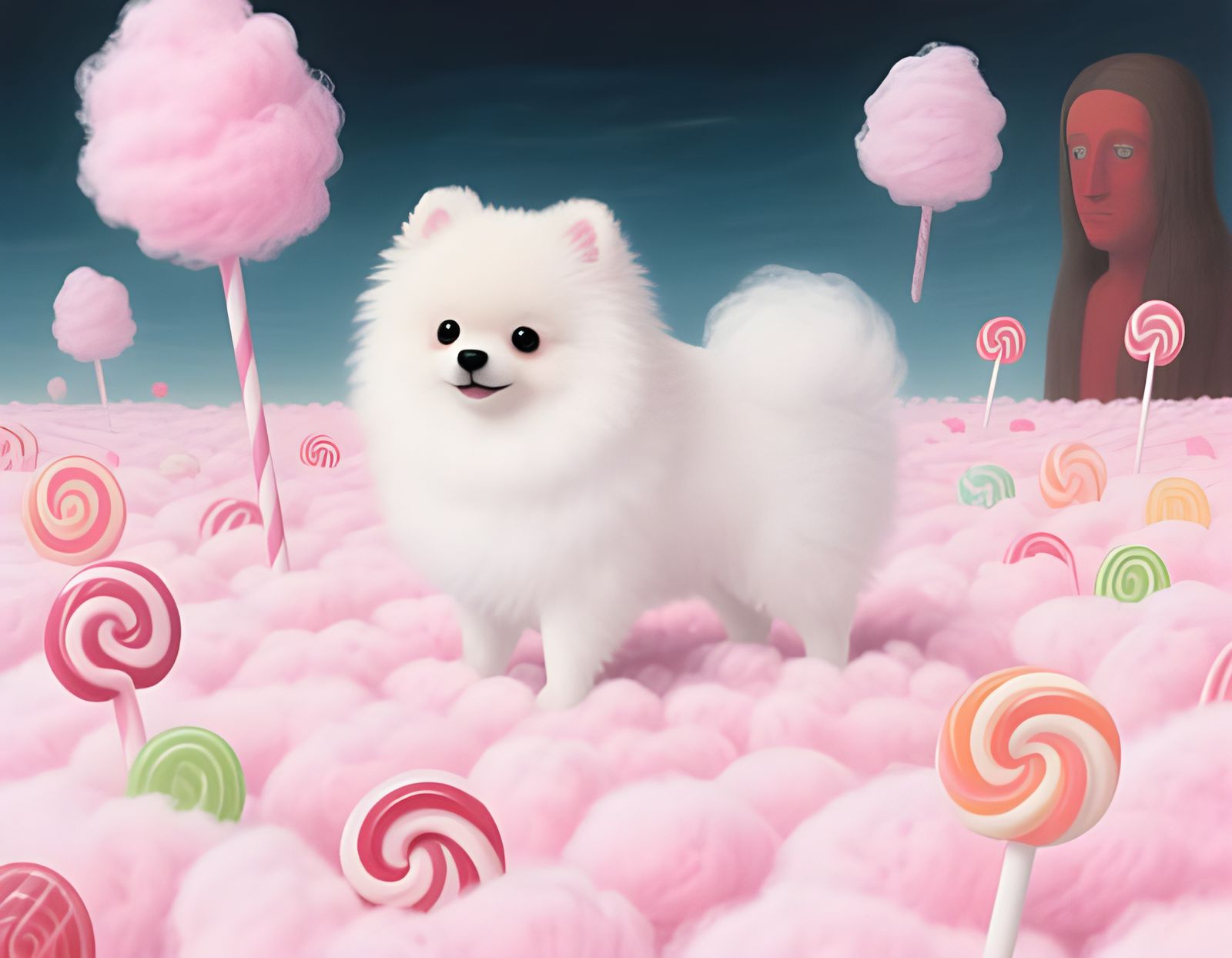Whimsical Candyfloss Pomeranian in Surreal Candy World