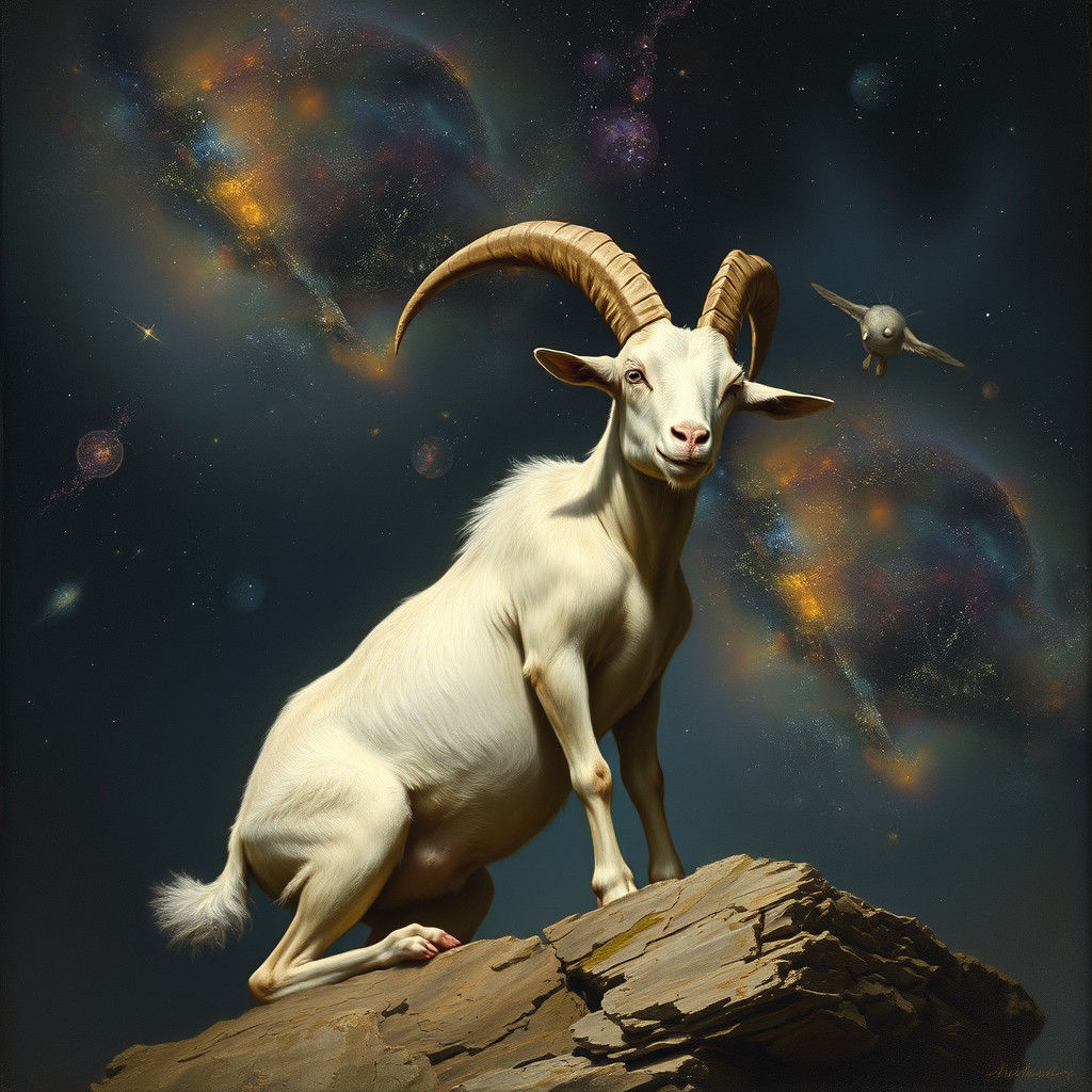 Goat Navigating Galaxy in Classic Art Style