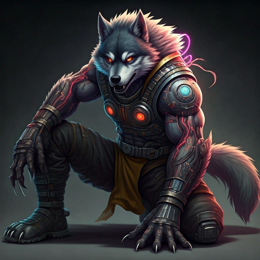 Cyberpunk Wolf-Humanoid Fusion in Comic Book Style