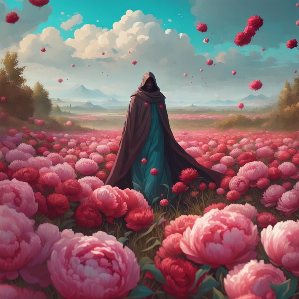 Cloaked Figure with Ruby Eyes in Peony Field