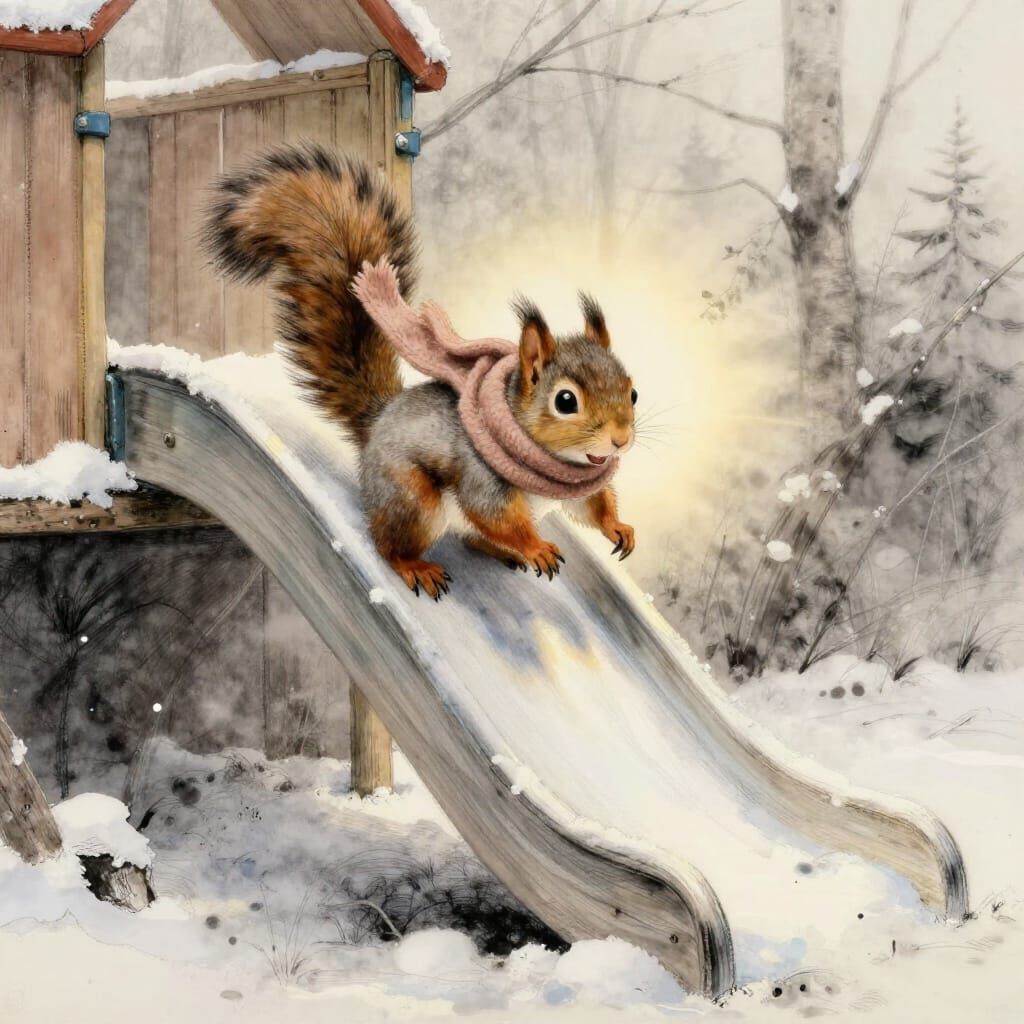 Baby Squirrel Slides Down Snowy Branch in Watercolor-Gouache...