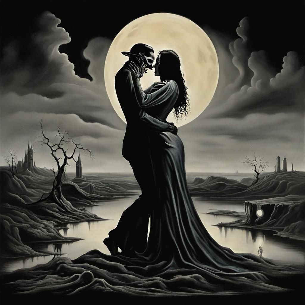 Zombie Lovers' Moonlit Embrace: Surrealist T-Shirt Art