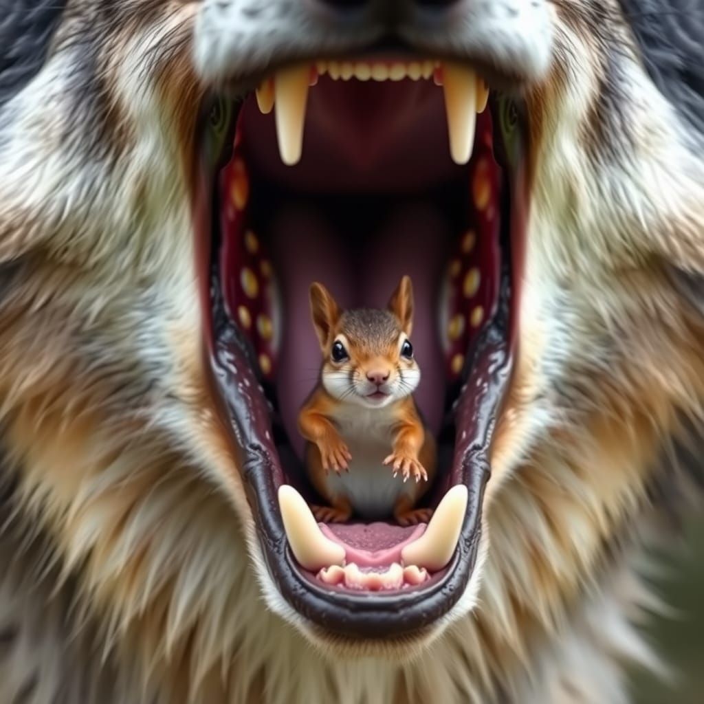 Wolf with Squirrel in Mouth: Unexpected Encounter
